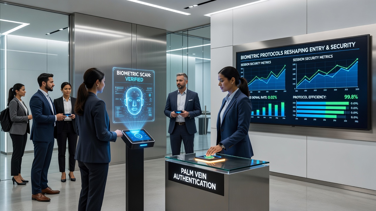 Dashboard displaying real-time session security metrics and biometric verification logs