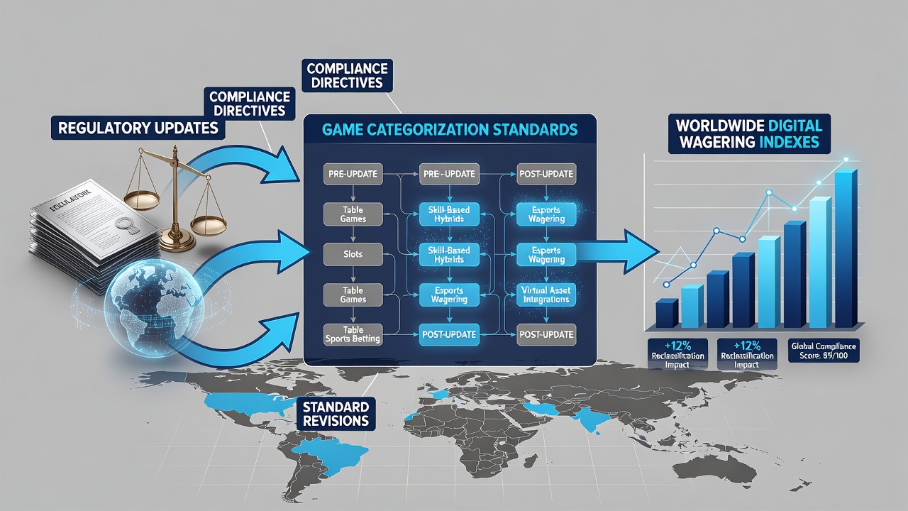 Analysts reviewing updated game categorization charts and regulatory compliance reports on large displays