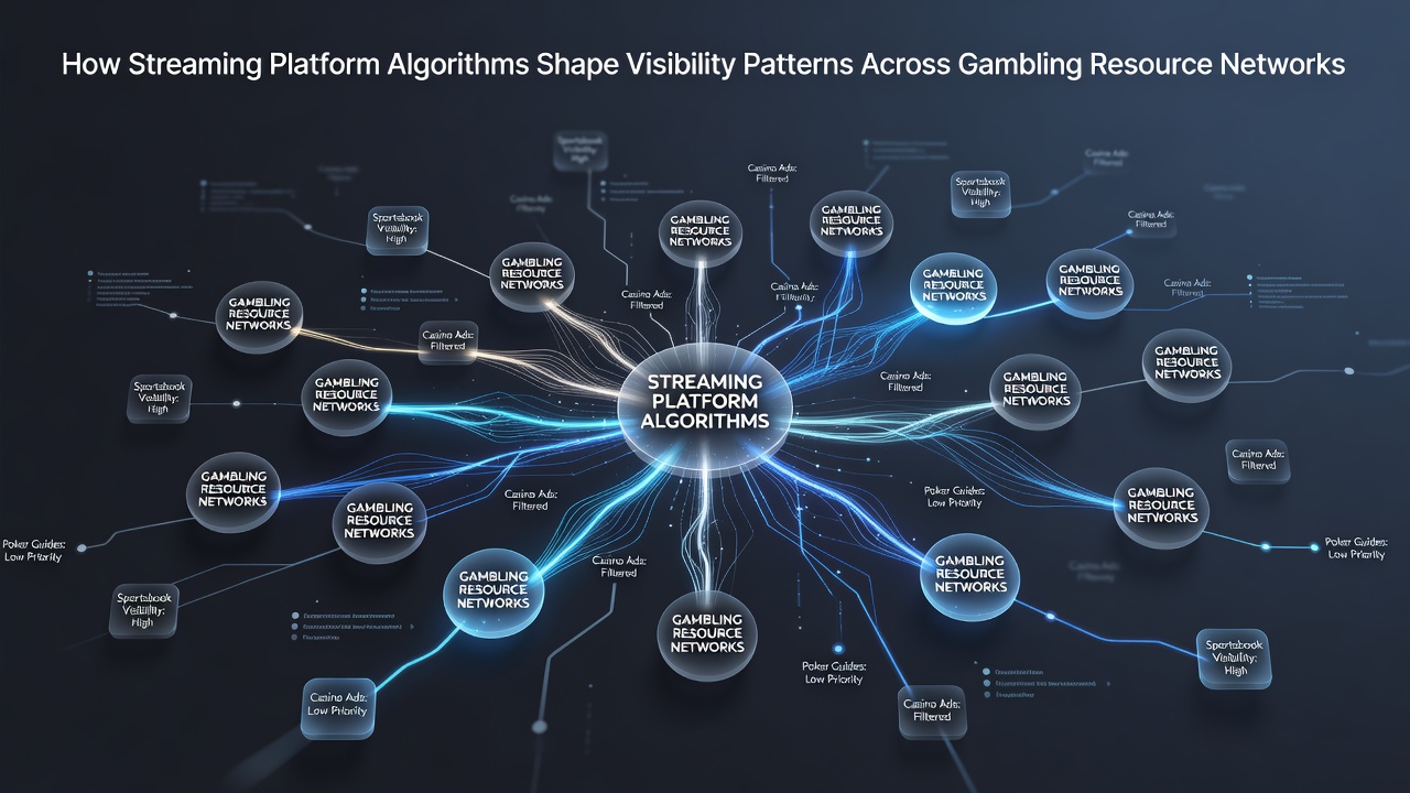 Illustration of streaming platform algorithms influencing gambling resource visibility across digital networks