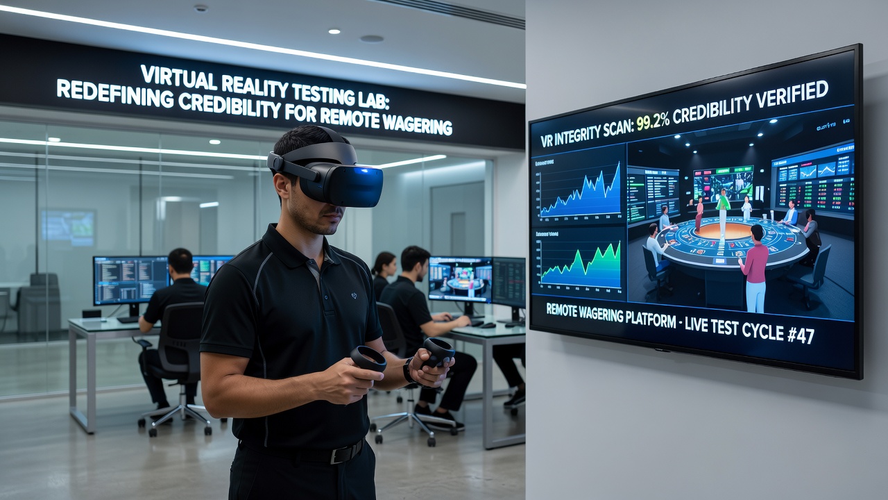 Virtual reality testing lab setup with immersive simulation equipment for wagering platform evaluation