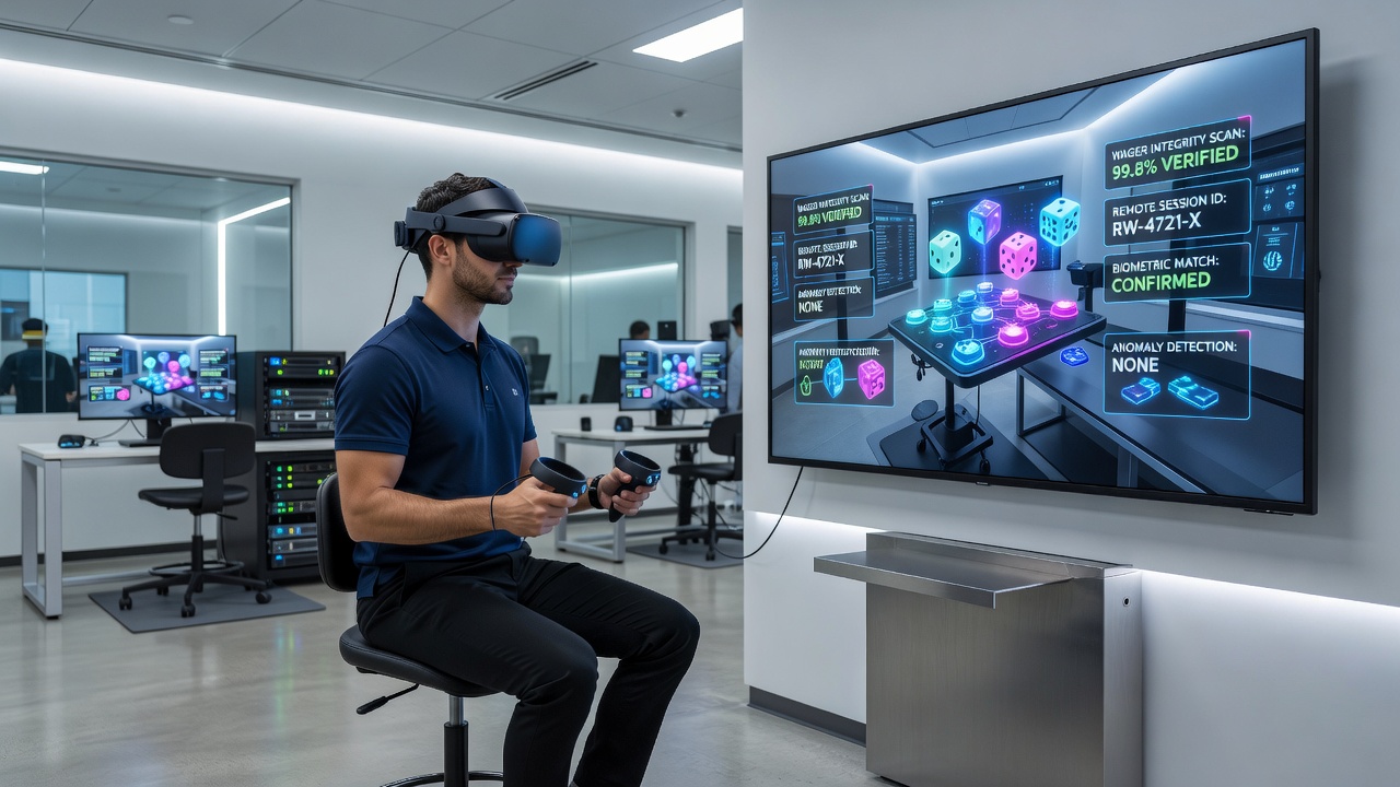 Technicians monitoring VR simulation data for remote wagering platform credibility verification