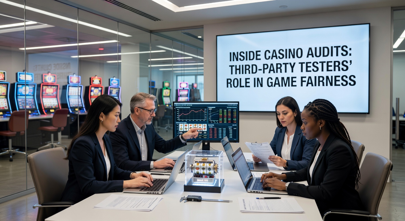 Auditors examining casino software code on multiple screens in a high-tech testing lab, highlighting the precision of fairness checks