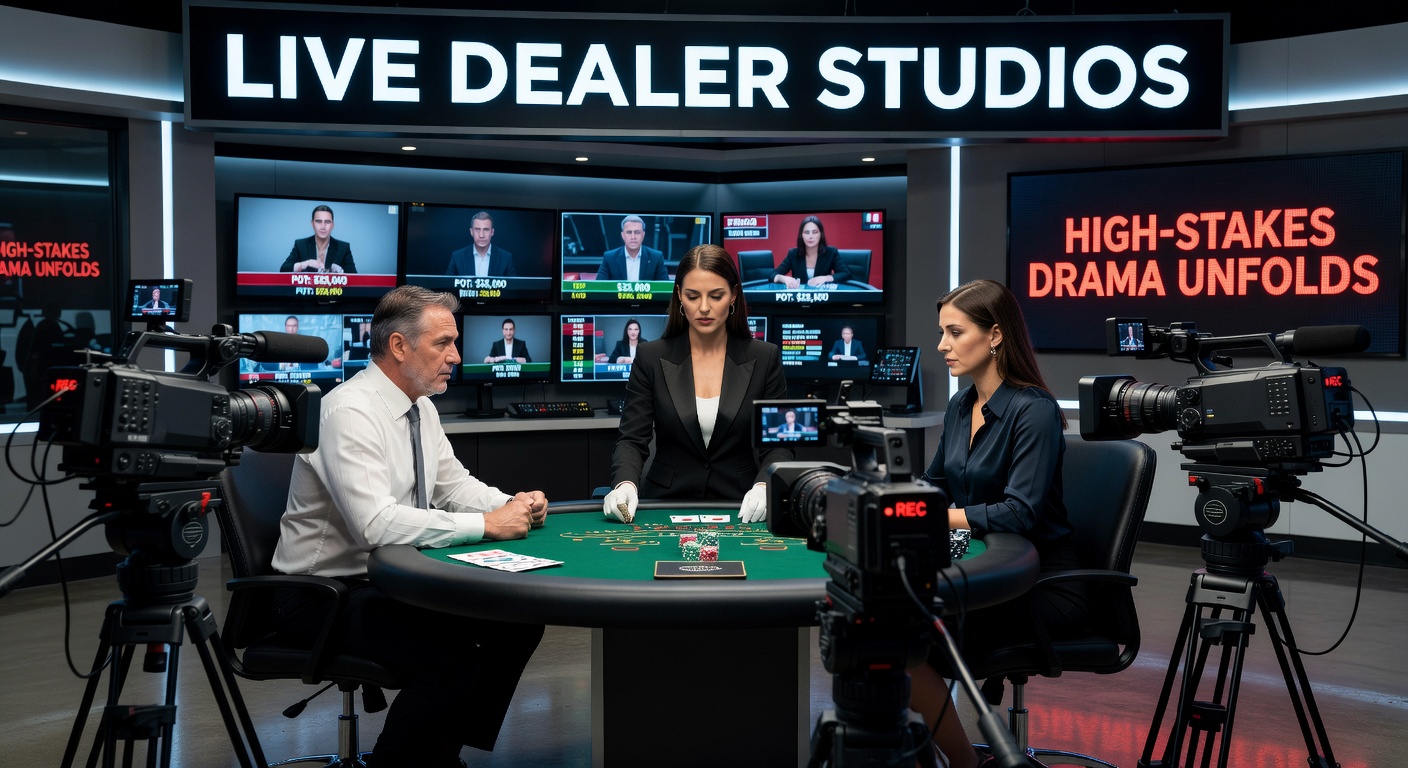 Expansive live dealer studio filled with multiple gaming tables, high-tech cameras overhead, and dealers in action under bright lights