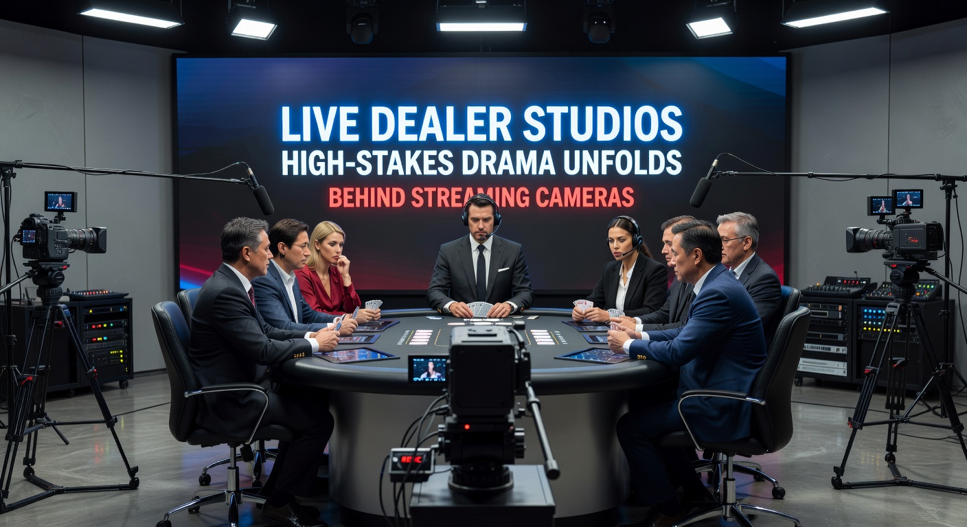 Close-up of a professional dealer shuffling cards at a blackjack table, with multiple camera angles visible and player interfaces glowing on side monitors