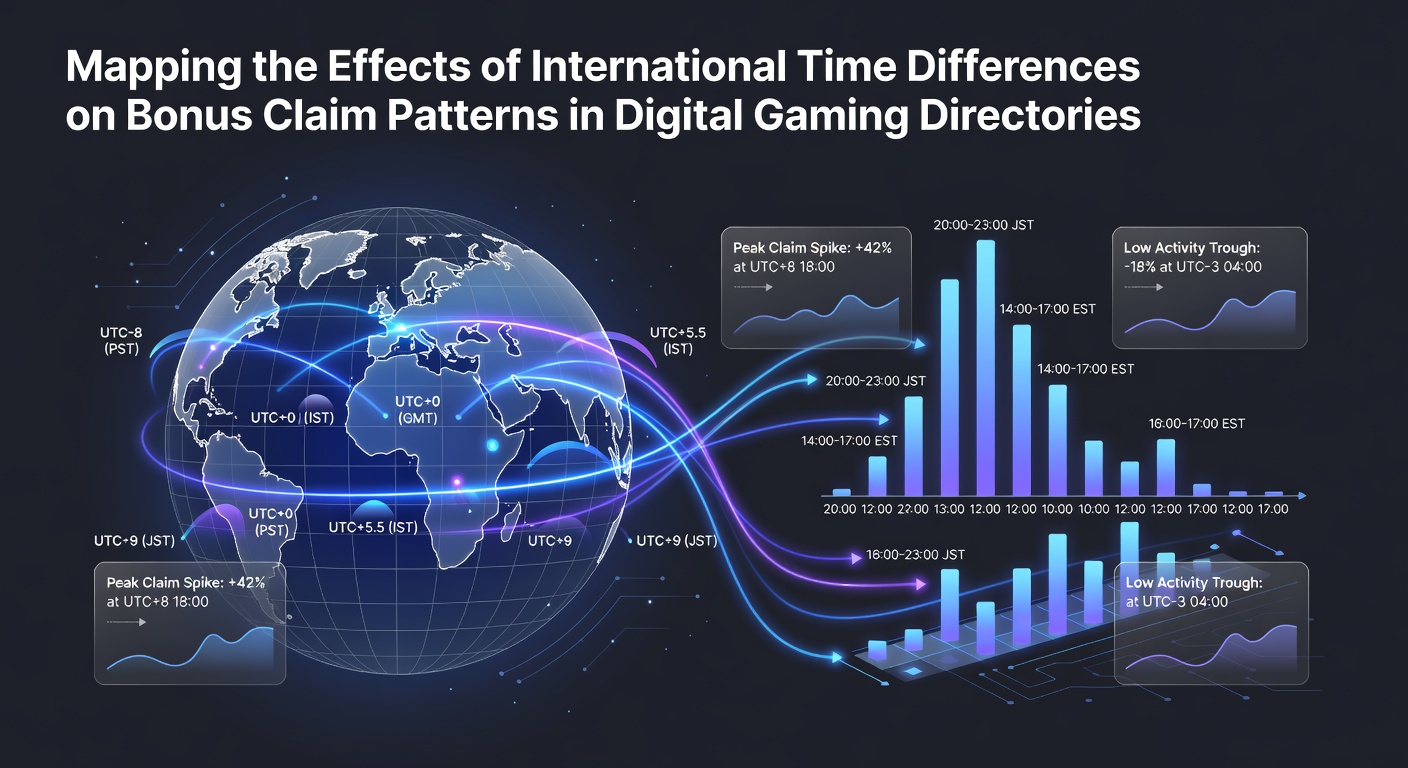 Global map overlay showing time zone lines intersecting with gaming directory interfaces and bonus claim timestamps