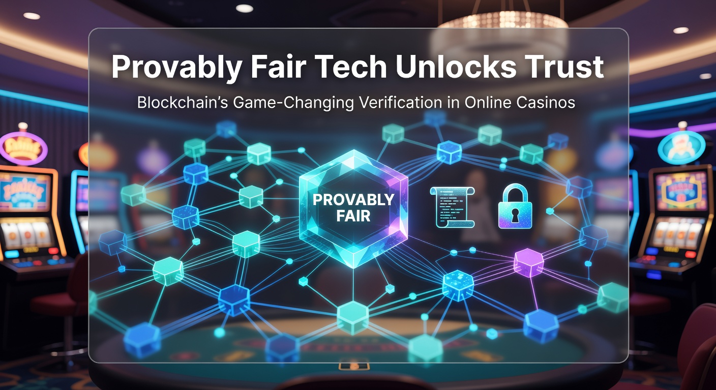 Blockchain network visualizing provably fair verification process in an online casino interface, with transparent hashes and player checks highlighted