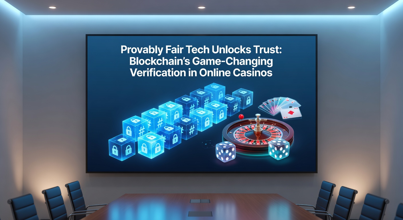 Illustration of a provably fair slot machine game on blockchain, showing seed inputs, hash verification tools, and transparent outcome logs on a digital dashboard