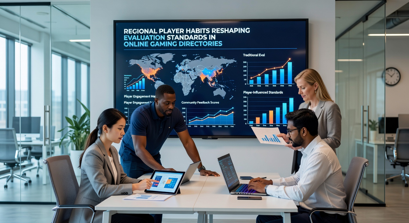 Data analysts reviewing regional gaming metrics on multiple screens showing player behavior charts