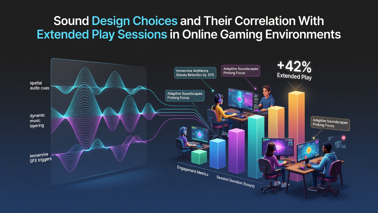 Sound design visualization in online gaming environments showing audio waveforms and player engagement metrics