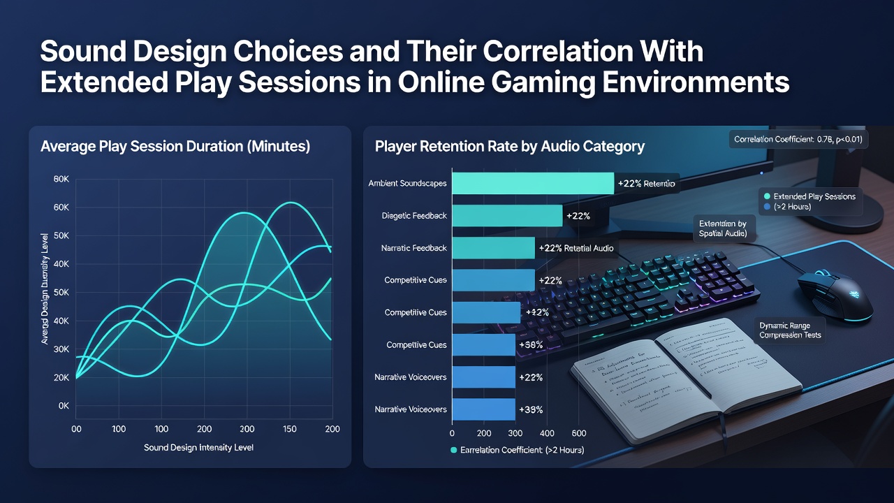 Player session length graphs correlated with sound design elements in online multiplayer games