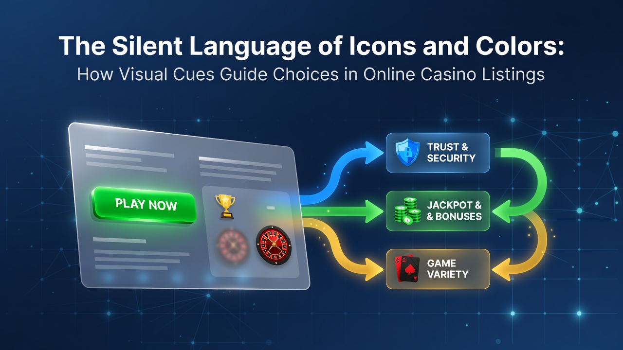 Visual elements in casino directory interfaces showing icons and color schemes guiding player attention