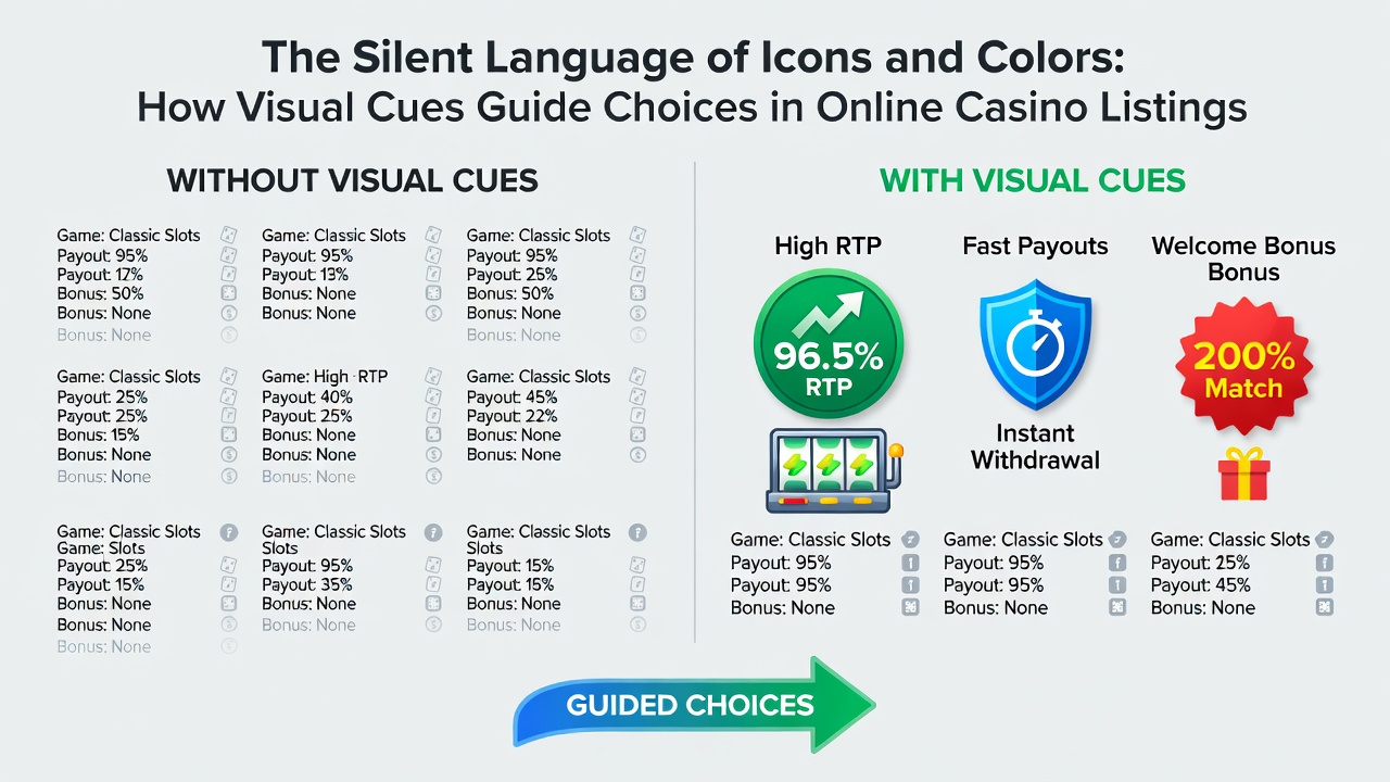 Example of color-coded bonus indicators and icon placement within online casino listings