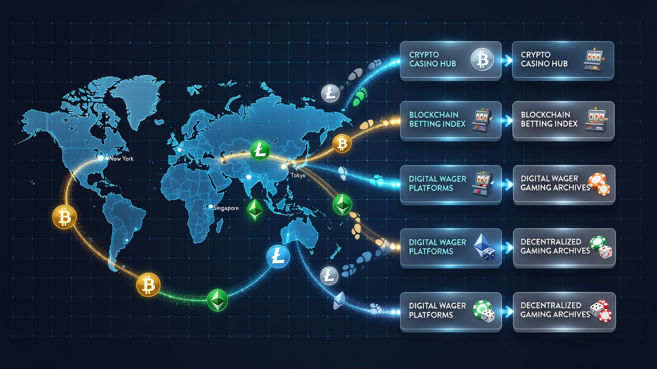 Cryptocurrency symbols overlaid on digital gambling platform interfaces showing adoption trends in directories