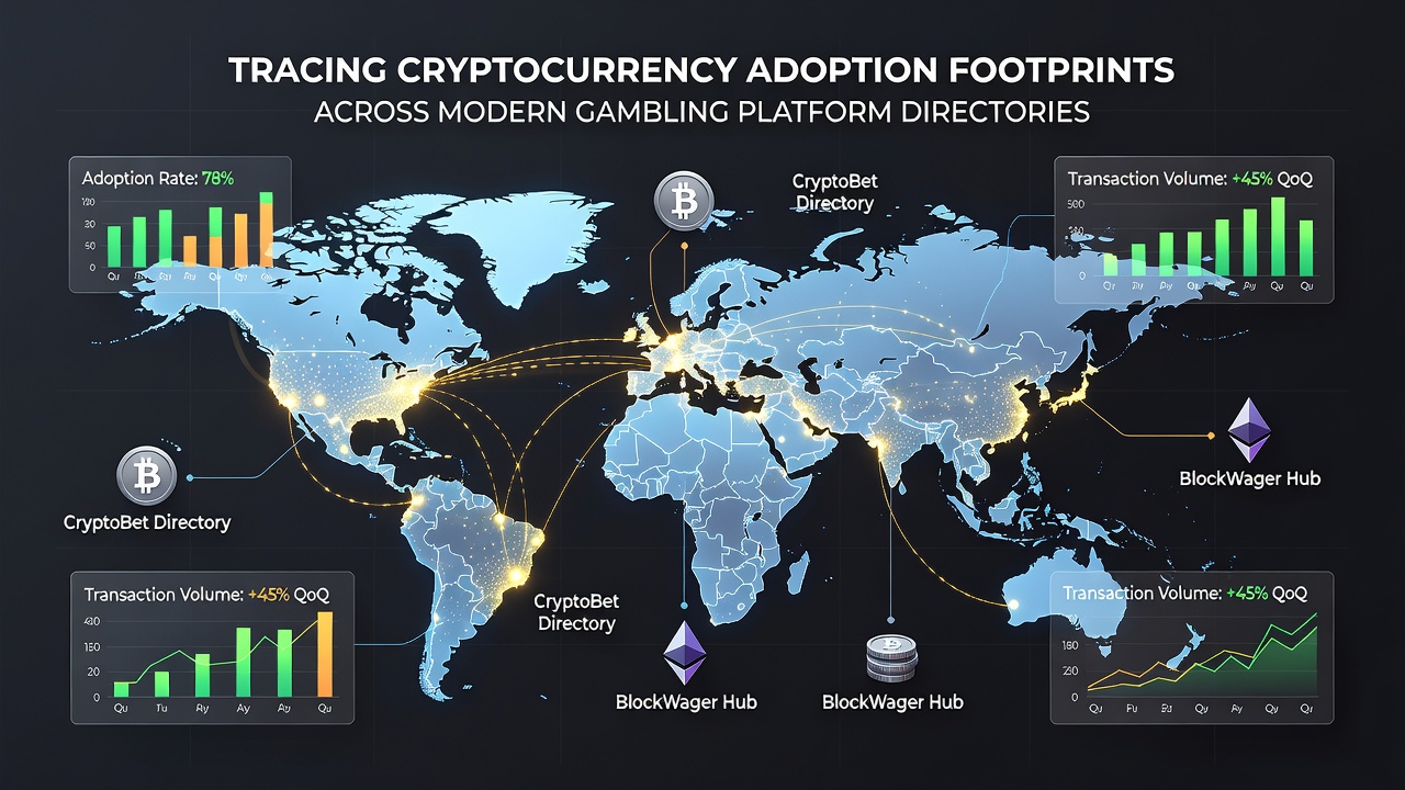 Data visualization charts displaying cryptocurrency payment adoption rates across global gambling directories in 2026